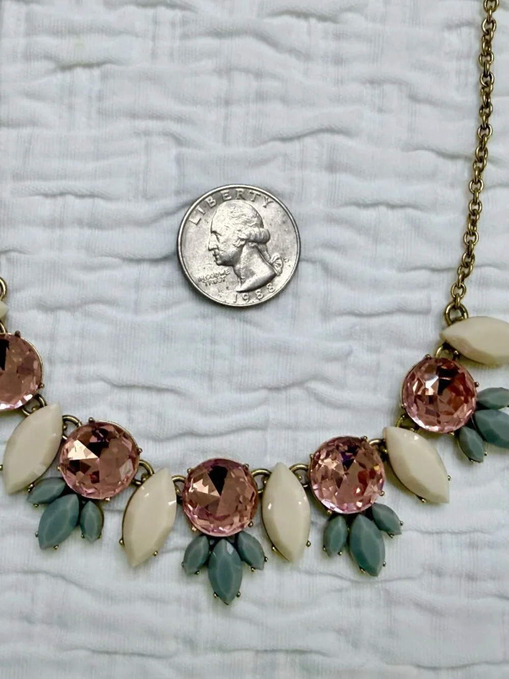 J. Crew Gold Tone w/Pink Gray Cream Glass 18” Women’s Statement Necklace